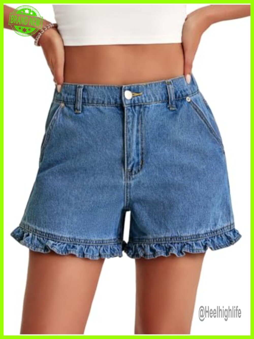High Rise Ruffle Hem Denim Shorts with Pockets